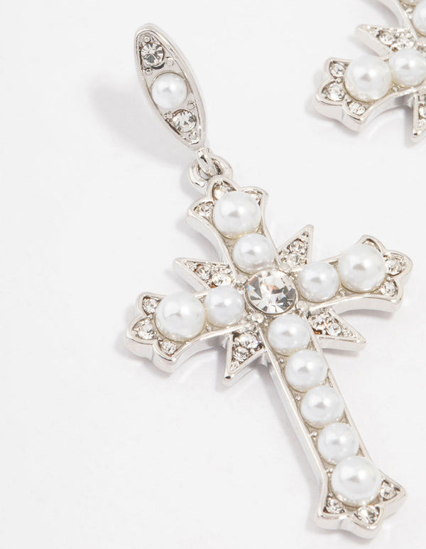 Silver Pearl Cross Drop Earrings