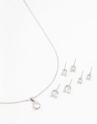 Silver Cubic Zirconia 6-Pack Stud Earrings & Necklace Set - link has visual effect only