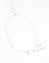 Silver Cubic Zirconia 6-Pack Stud Earrings & Necklace Set - link has visual effect only