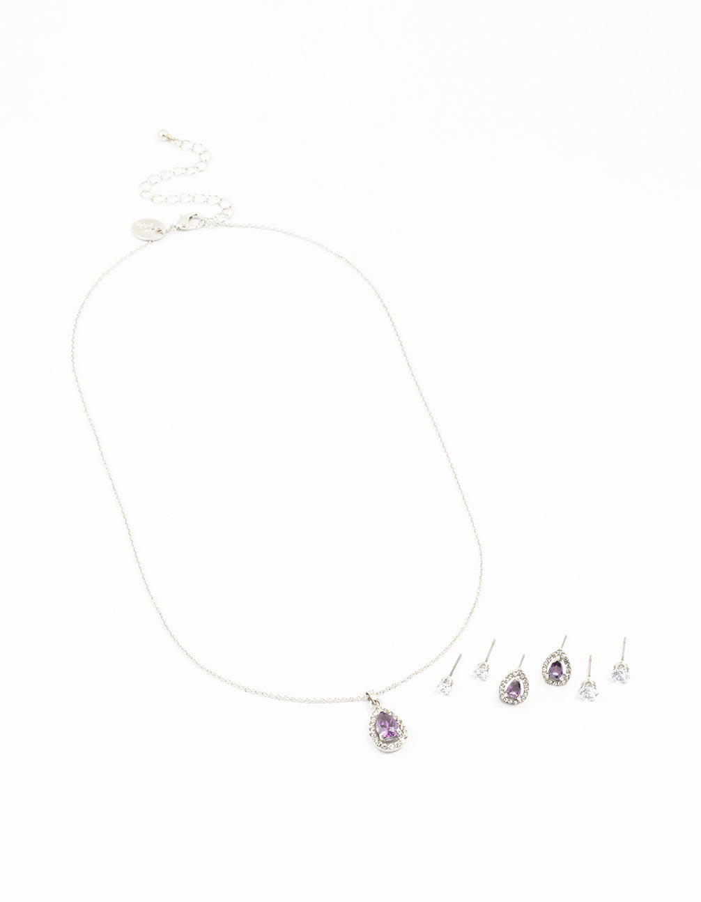 Rhodium Multiple Purple & Silver  Pear Earring & Necklace Set