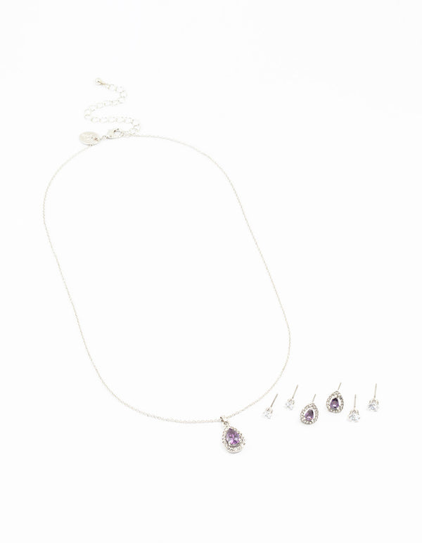 Rhodium Multiple Purple & Silver  Pear Earring & Necklace Set