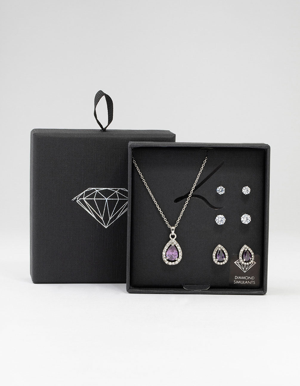 Rhodium Multiple Purple & Silver  Pear Earring & Necklace Set