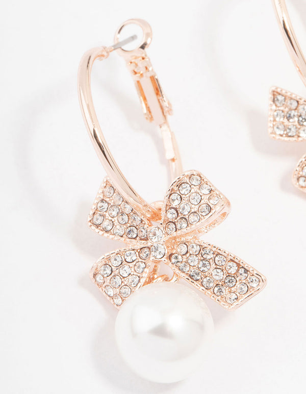 Rose Gold Bow & Pearl Drop Hoop Earrings