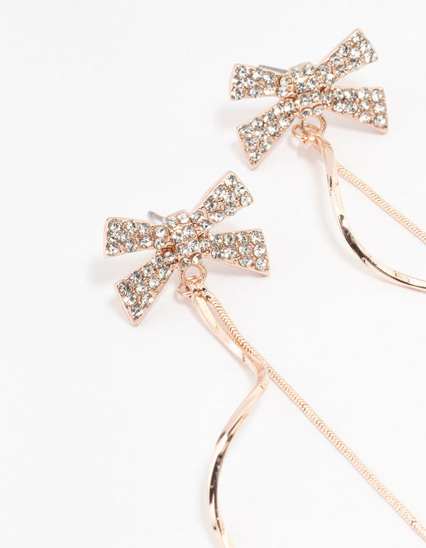 Rose Gold Diamante Bow Swirl Drop Earrings