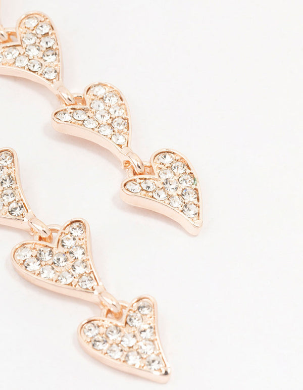 Rose Gold Multiple Diamante Hearts Drop Earrings