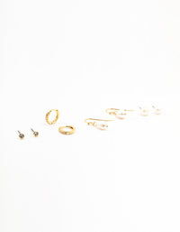 Gold Plated Brass Pearl Stud & Drop Earrings 4-Pack - link has visual effect only