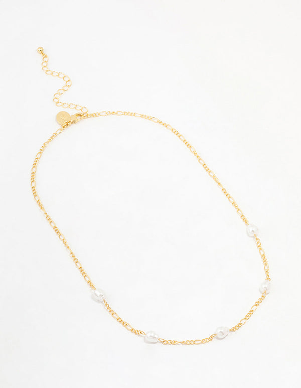 Gold Plated Brass Figaro Pearl Station Necklace