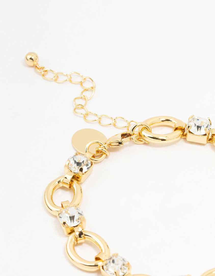 Gold Plated Brass Alternating Oval & Crystal Bracelet