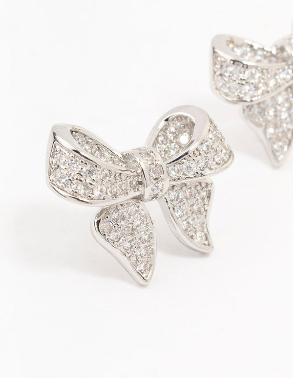 Silver Cubic Zirconia Small Bow Stud Earrings