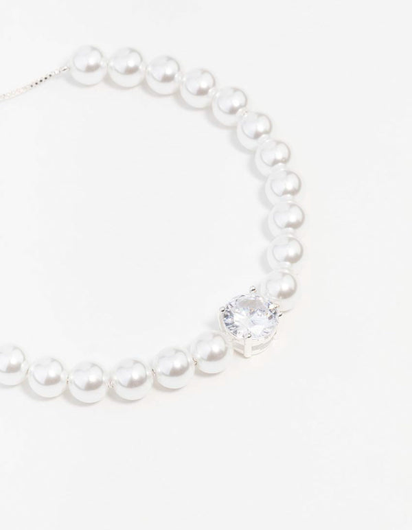Silver Cubic Zirconia Pearl Toggle Bracelet