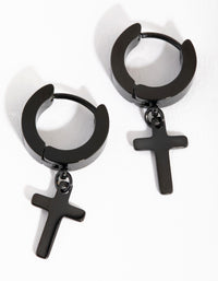 Matte Black  Surgical Steel Cross Huggie Earrings - link has visual effect only