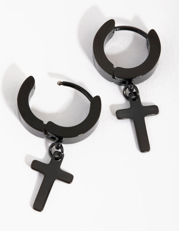 Matte Black  Surgical Steel Cross Huggie Earrings