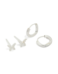 Sterling Silver Butterfly & Hoop Stud Earrings 2-Pack - link has visual effect only