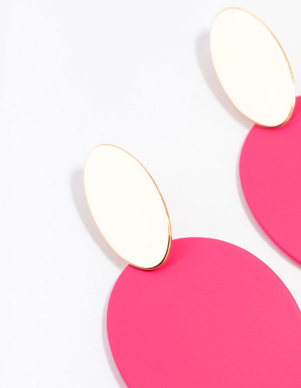 Gold Pink Plastic Flat Oval Disc Drop Earrings