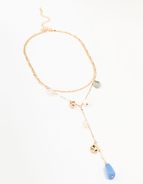 Gold Mixed Beaded Charm Y Necklace