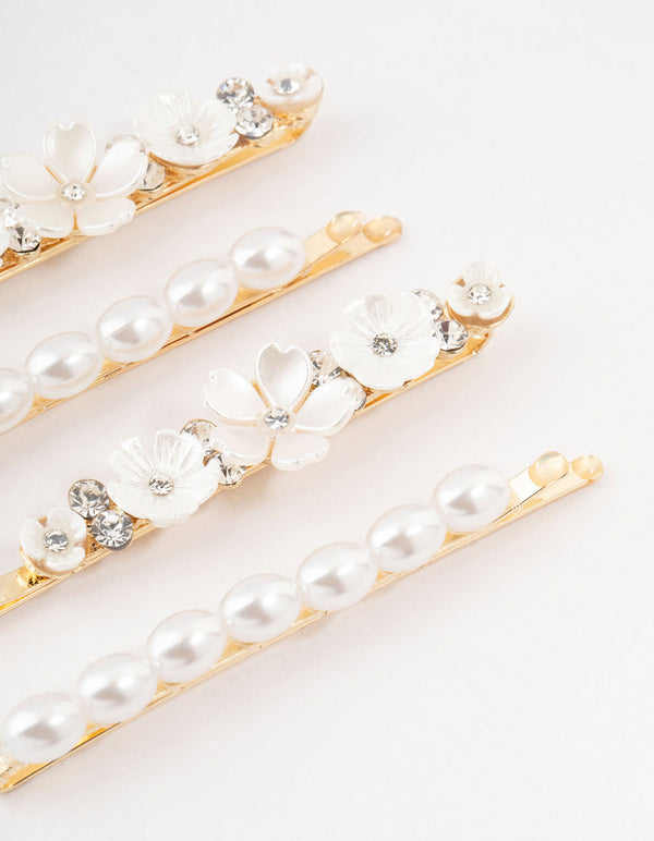 Gold Diamante & Flower Pearl Clips 4-Pack