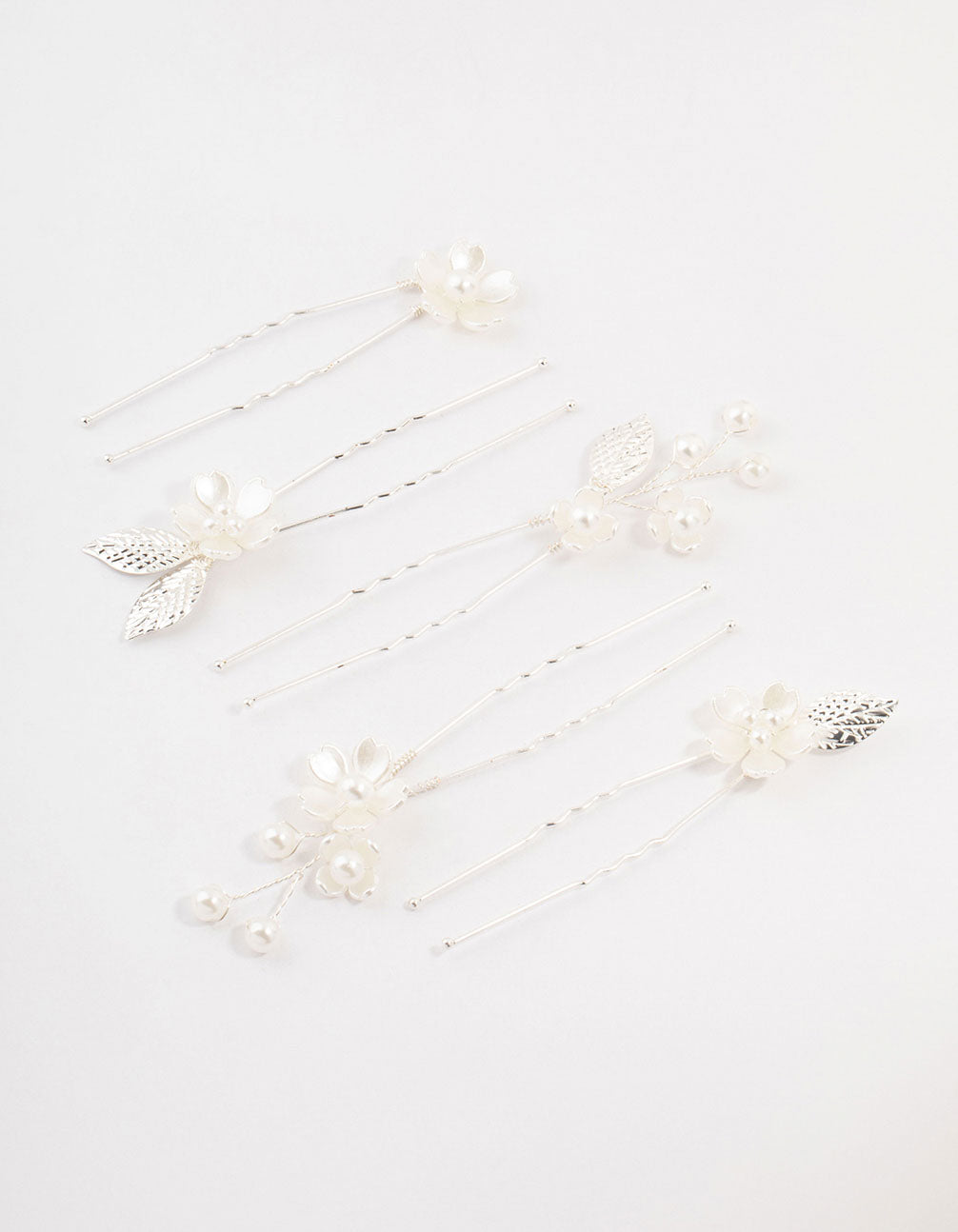 Silver Wire Flower & Pearl Bridal Hair Pins