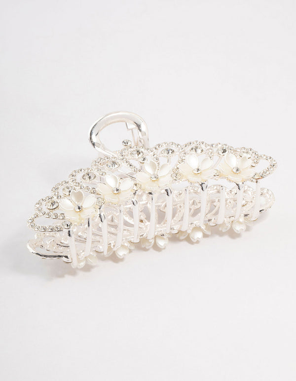 Ornate Silver Diamante & Flower Claw Clip