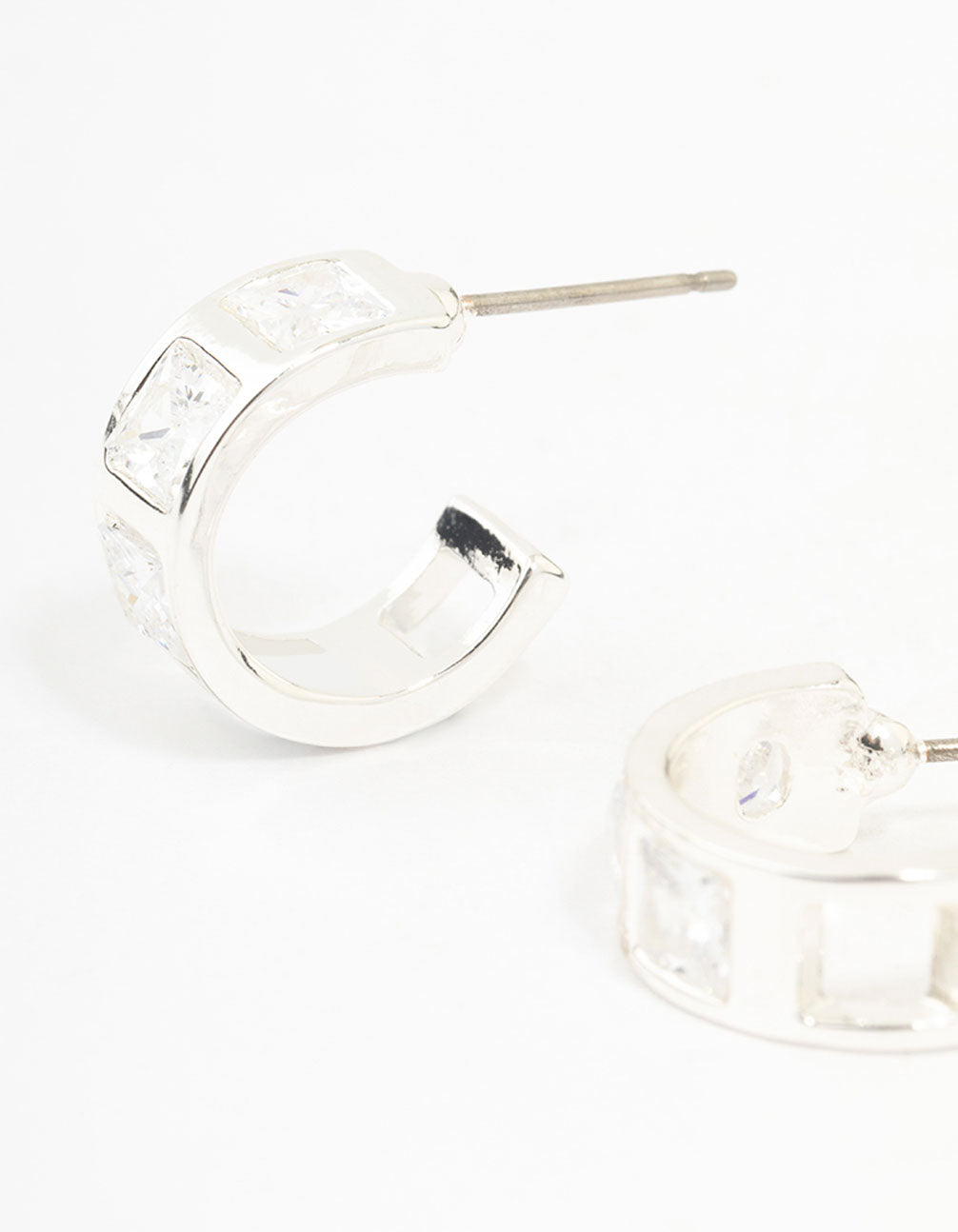 Silver Cubic Zirconia Square Chunky Hoop Earrings