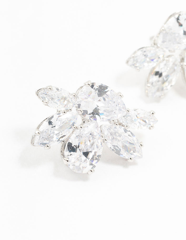 Silver Cubic Zirconia Cluster Teardrop Stud Earrings