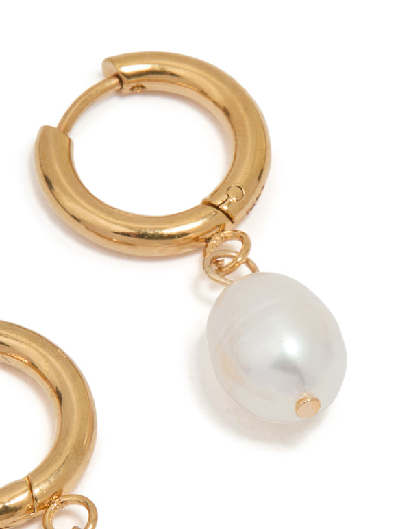 Waterproof Gold Plated Stainless Steel Freshwater Pearl Drop Huggie Earrings