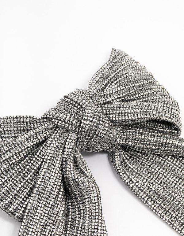 Metallic Silver Fabric Medium Bow Clip