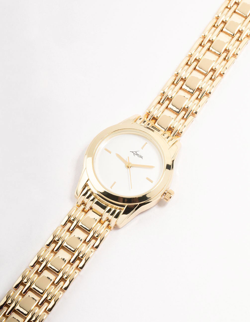 Showcasing a women's analog watch with white dial, round shape, formal occasion styling, link band strap in gold watch face detail view