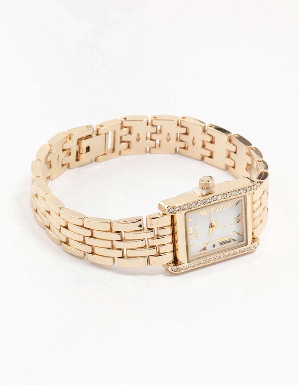 Elegant gold diamante rectangle watch, white dial, roman numerals, women's formal analog timepiece with link band front view
