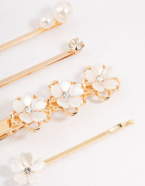Mixed Gold Pearl & Flower Hair Clips