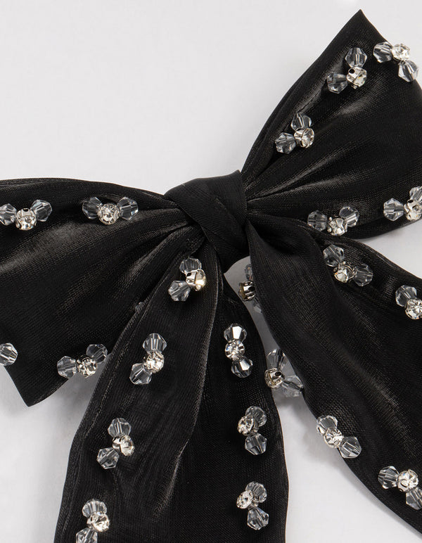 Black Fabric Beaded Deatiling Bow Clip