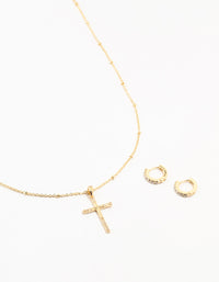 Gold Plated Diamante Edge Cross Necklace & Huggie Earrings Set - link has visual effect only