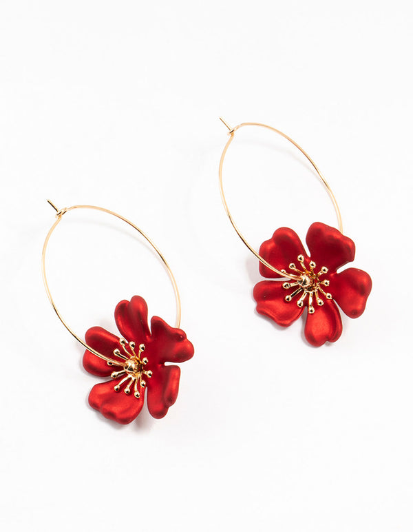 Gold Red Pearlised Stapled Flower Drop Earrings