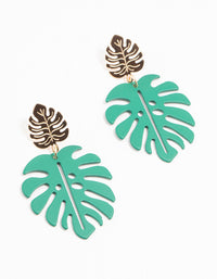 Gold & Green Coated Metal Monstera Leaf Drop Earrings - link has visual effect only