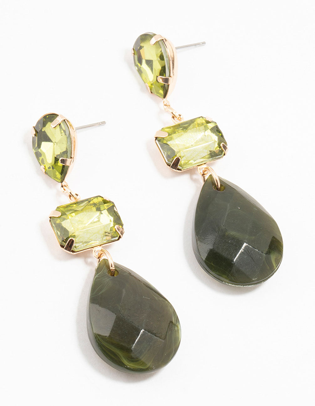 Gold Rectangular Green Diamante Drop Earrings Lovisa