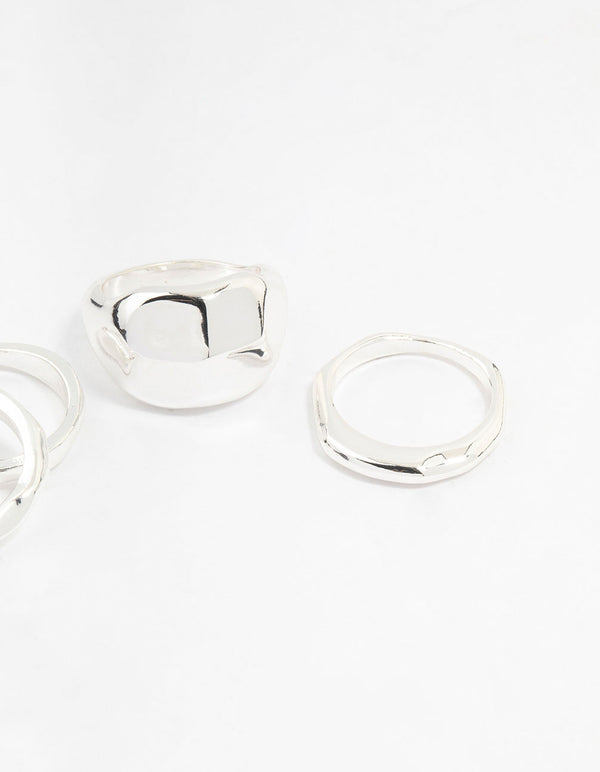 Silver Plated Bold Molten Rings 4-Pack