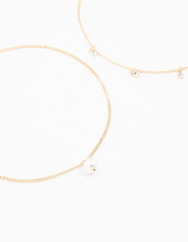 Gold, Pearl & Diamante Droplet Chokers 3-Pack