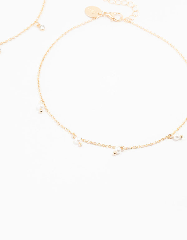 Gold, Pearl & Diamante Droplet Chokers 3-Pack