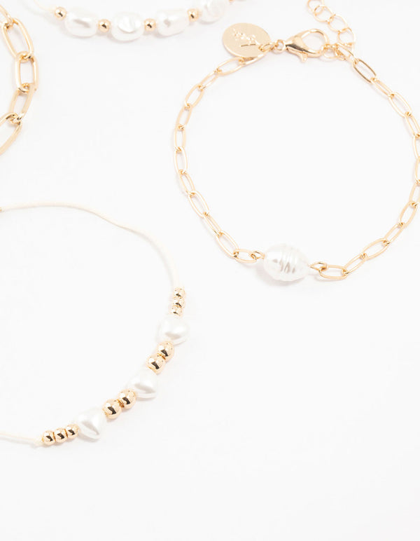 Gold Pearl & Cobblestone Link Bracelets 4-Pack