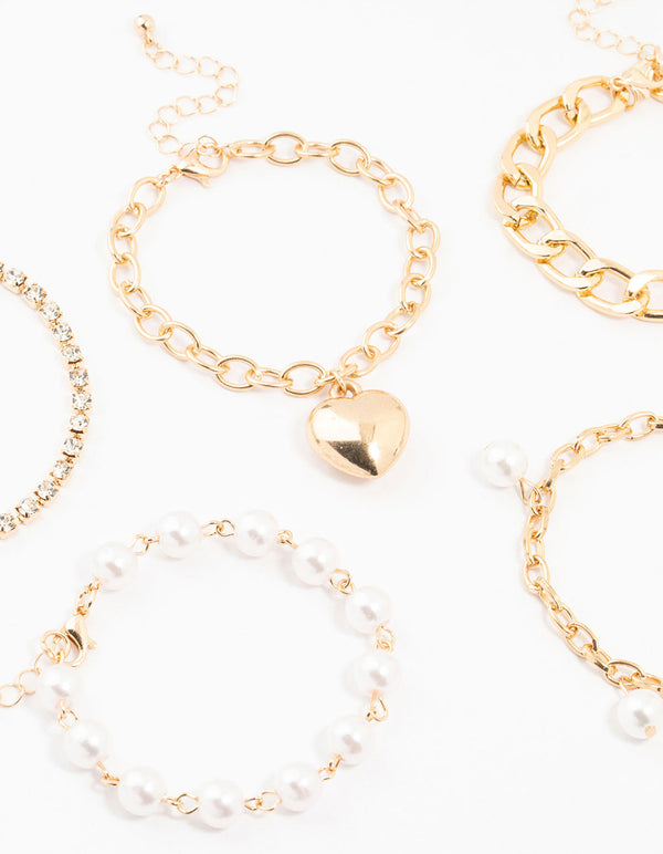Gold Pearl & Puffy Heart Bracelets 5-Pack