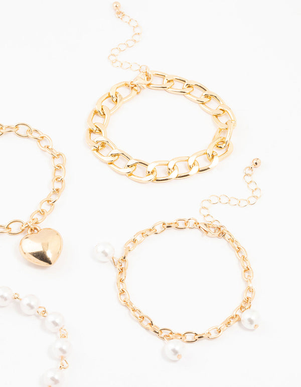 Gold Pearl & Puffy Heart Bracelets 5-Pack