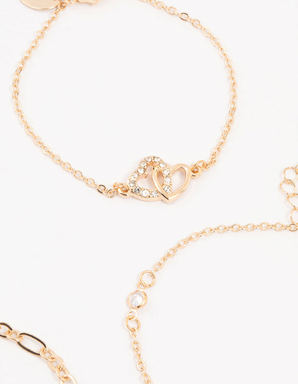 Gold Diamante Link Heart Bracelets 4-Pack