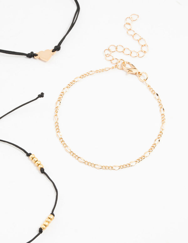 Gold Figaro, Rope & Heart Bracekets 4-Pack