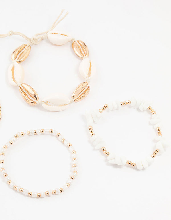 Gold Beaded & Large Shell Bracelets 4-Pack