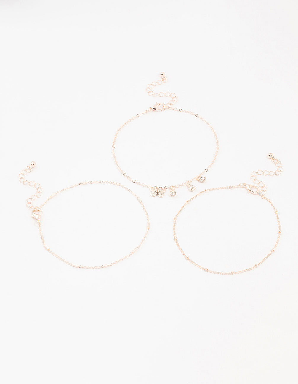 Rose Gold Butterfly Diamante Drop Anklets 3-Pack