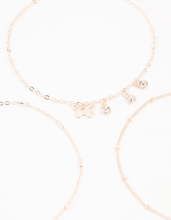 Rose Gold Butterfly Diamante Drop Anklets 3-Pack