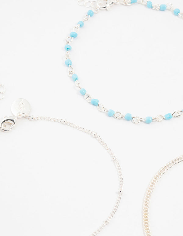 Silver Ball & Chain & Beaded Anklets 3-Pack