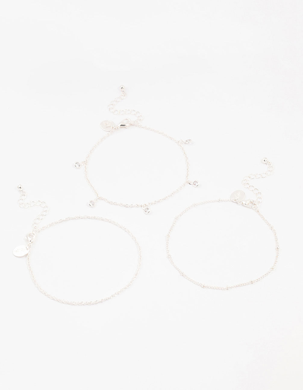 Silver Ball Chain Diamante Drop Anklets 3-Pack