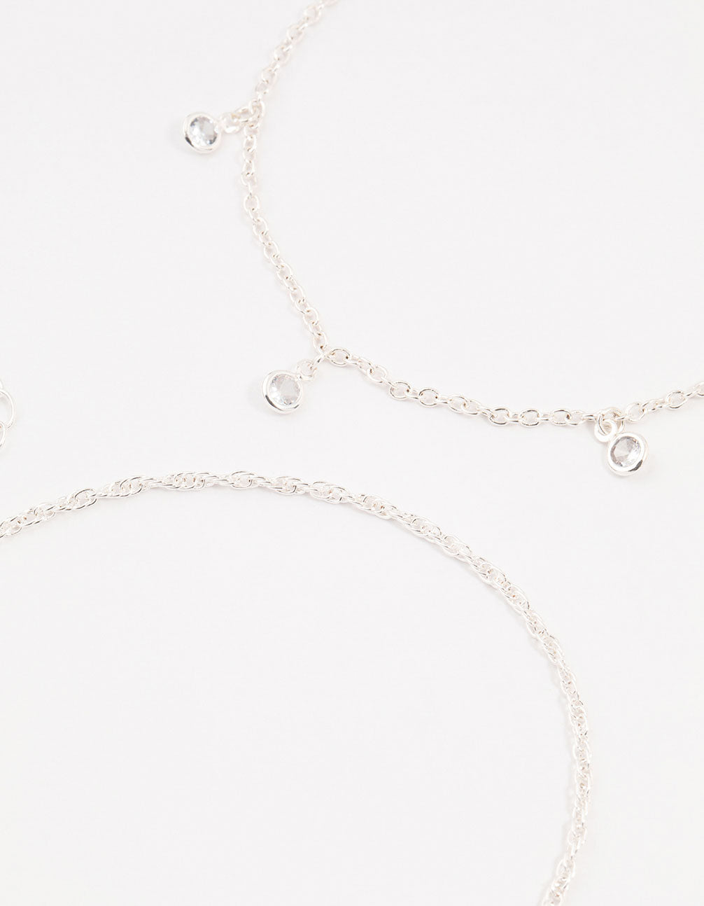 Silver Ball Chain Diamante Drop Anklets 3-Pack