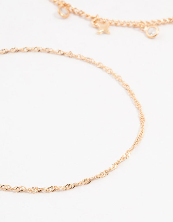 Gold Diamante Star Drop Anklets 3-Pack