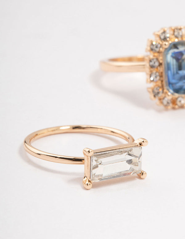 Rose Gold Framed Blue & Silver  Diamante Rings 3-Pack